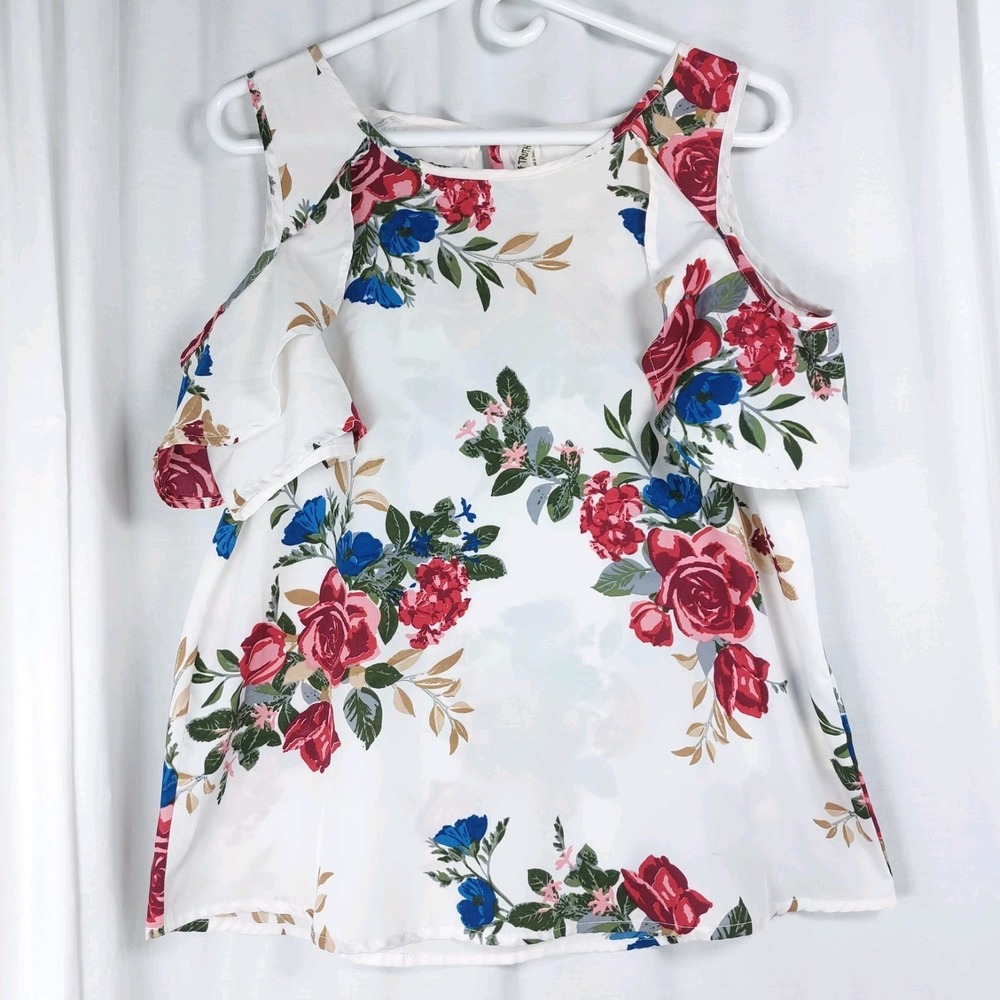 LIVE 4 TRUTH Floral Cold Shoulder Ruffle Short Sleeve Top Women Sz Large *READ